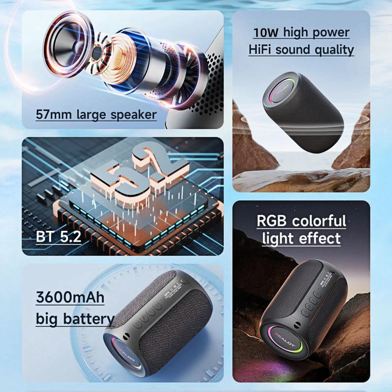 ZEALOT Portable Bluetooth Speaker with Super Bass,Ipx5 Waterproof, Outdoor Wireless Speaker, Hifi Stereo Sound, RGB Lights, 12-Hour Playtime, Supports TF Card/Usb/Aux - Perfect for Phone, Computer, Home, Outdoor, Camping, Hiking, Bathroom, Car, Gift