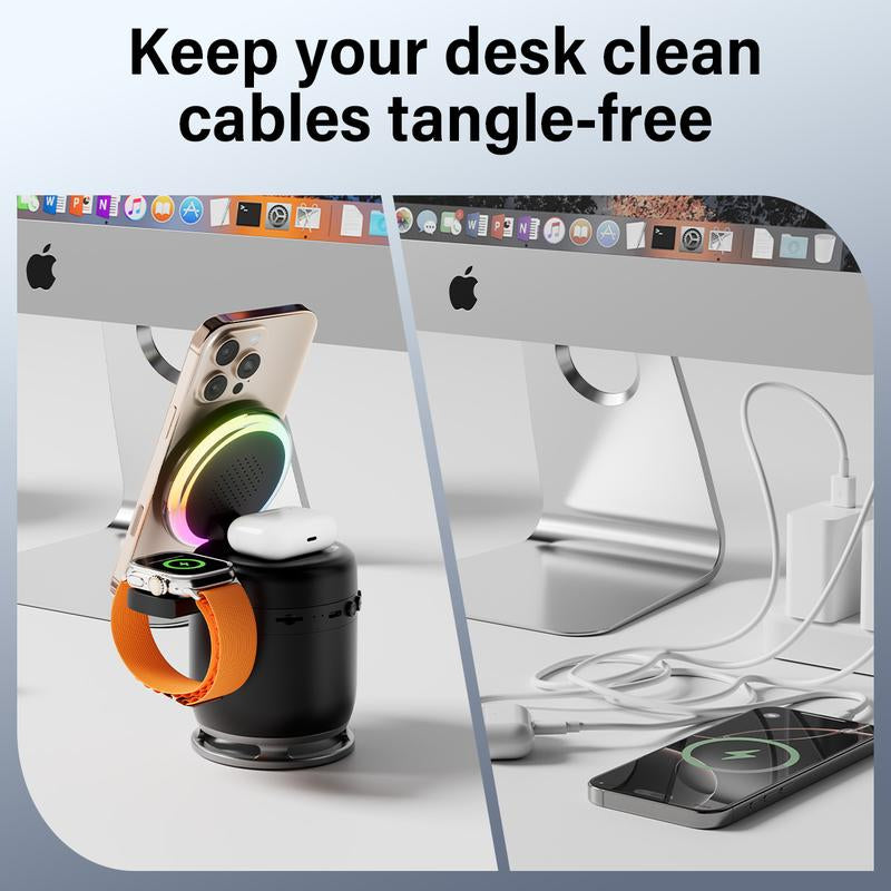 ELFEYE 5-In-1 Wireless Charging Station with Bluetooth Speaker & Magnetic Charger for Iphone 16/15/14/13/12 Pro Max, Apple Watch, & Airpods - 30W Adapter, 360° Sound, Night Light, Stable Connection, Boys Christmas Gifts