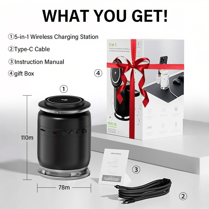 ELFEYE 5-In-1 Wireless Charging Station with Bluetooth Speaker & Magnetic Charger for Iphone 16/15/14/13/12 Pro Max, Apple Watch, & Airpods - 30W Adapter, 360° Sound, Night Light, Stable Connection, Boys Christmas Gifts