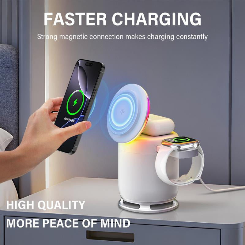 ELFEYE 5-In-1 Wireless Charging Station with Bluetooth Speaker & Magnetic Charger for Iphone 16/15/14/13/12 Pro Max, Apple Watch, & Airpods - 30W Adapter, 360° Sound, Night Light, Stable Connection, Boys Christmas Gifts
