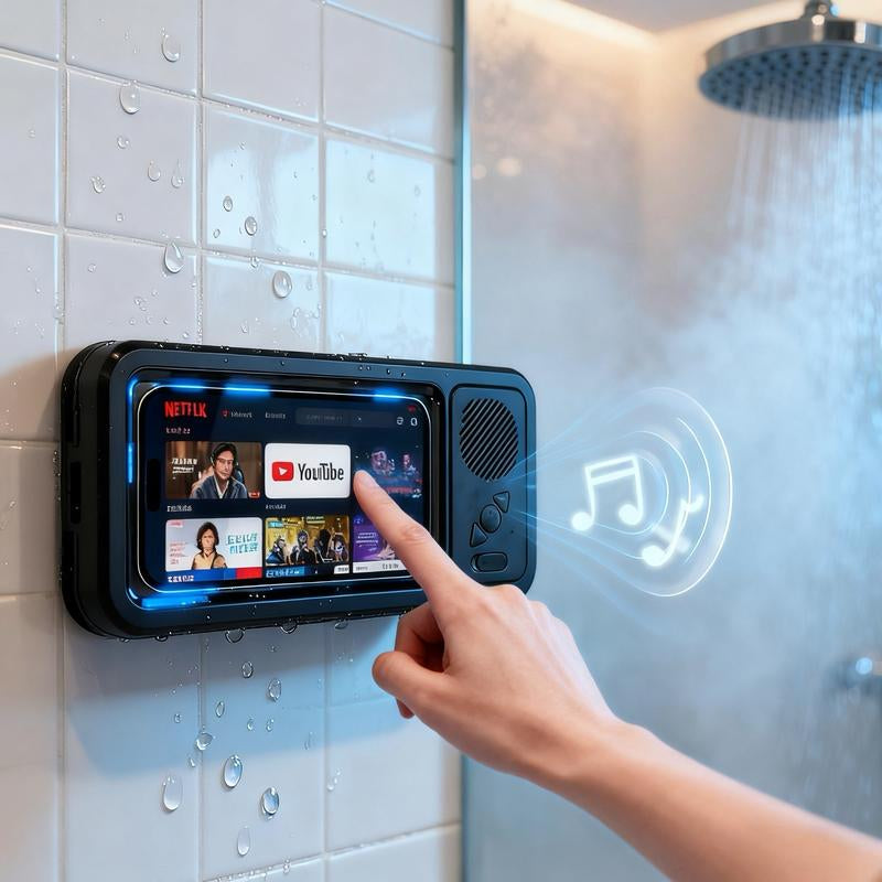Waterproof Box Speaker, Bathroom Waterproof 360 ° Rotating Touch Screen, Bluetooth Speaker, Watch Movies, Listen to Music, Phone Holder Bluetooth Speaker Audio Shower TV Holder, Swimming Pool, Kitchen, Bathroom, Sink
