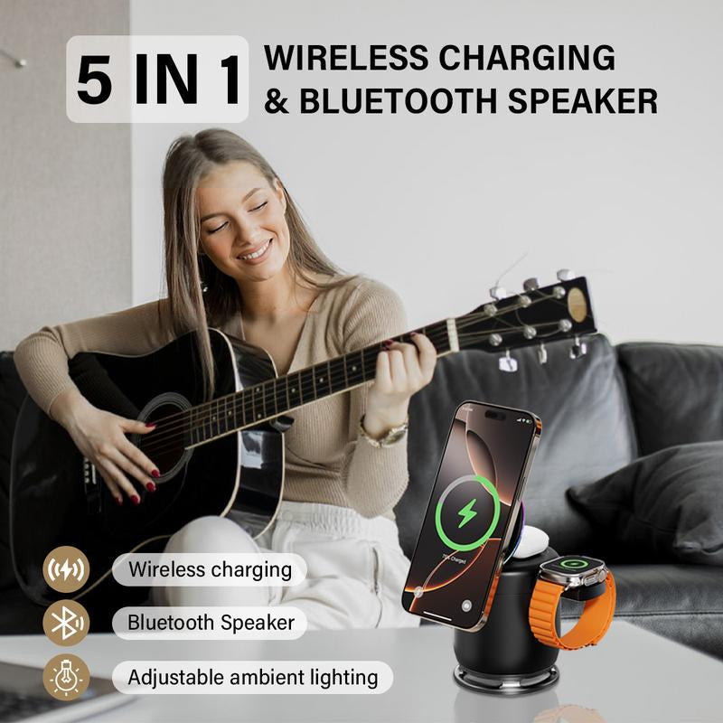 ELFEYE 5-In-1 Wireless Charging Station with Bluetooth Speaker & Magnetic Charger for Iphone 16/15/14/13/12 Pro Max, Apple Watch, & Airpods - 30W Adapter, 360° Sound, Night Light, Stable Connection, Boys Christmas Gifts