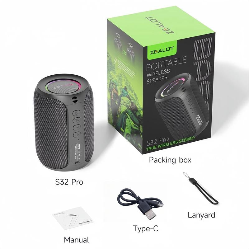 ZEALOT Portable Bluetooth Speaker with Super Bass,Ipx5 Waterproof, Outdoor Wireless Speaker, Hifi Stereo Sound, RGB Lights, 12-Hour Playtime, Supports TF Card/Usb/Aux - Perfect for Phone, Computer, Home, Outdoor, Camping, Hiking, Bathroom, Car, Gift