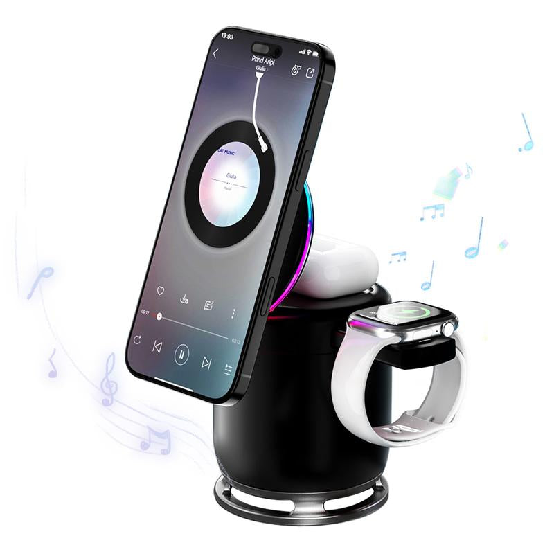 ELFEYE 5-In-1 Wireless Charging Station with Bluetooth Speaker & Magnetic Charger for Iphone 16/15/14/13/12 Pro Max, Apple Watch, & Airpods - 30W Adapter, 360° Sound, Night Light, Stable Connection, Boys Christmas Gifts