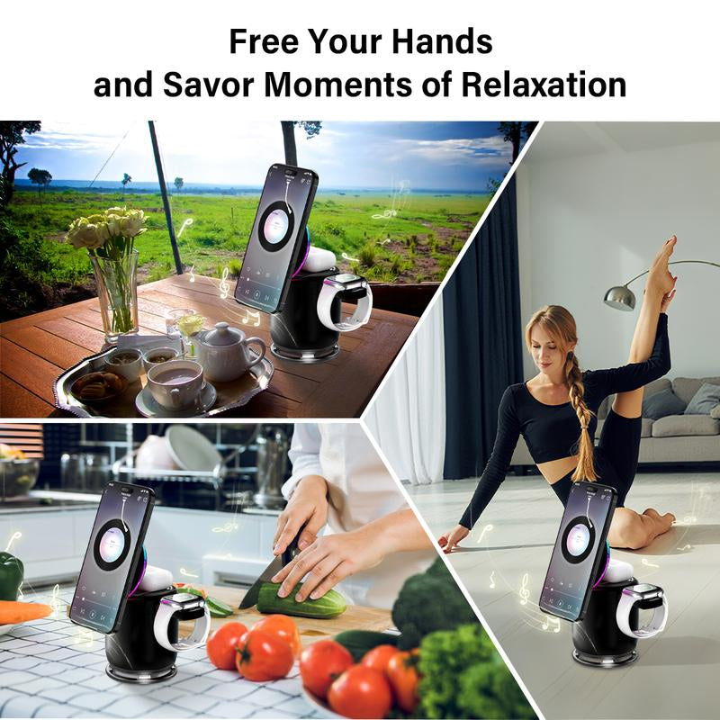 ELFEYE 5-In-1 Wireless Charging Station with Bluetooth Speaker & Magnetic Charger for Iphone 16/15/14/13/12 Pro Max, Apple Watch, & Airpods - 30W Adapter, 360° Sound, Night Light, Stable Connection, Boys Christmas Gifts